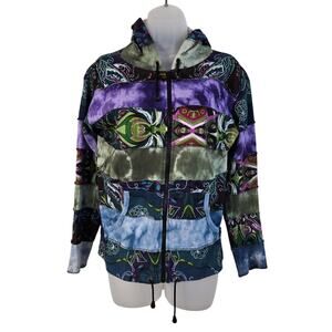 Pure Hooded Jacket Women's XL Multicolored Patchwork Art To Wear Artsy Boho